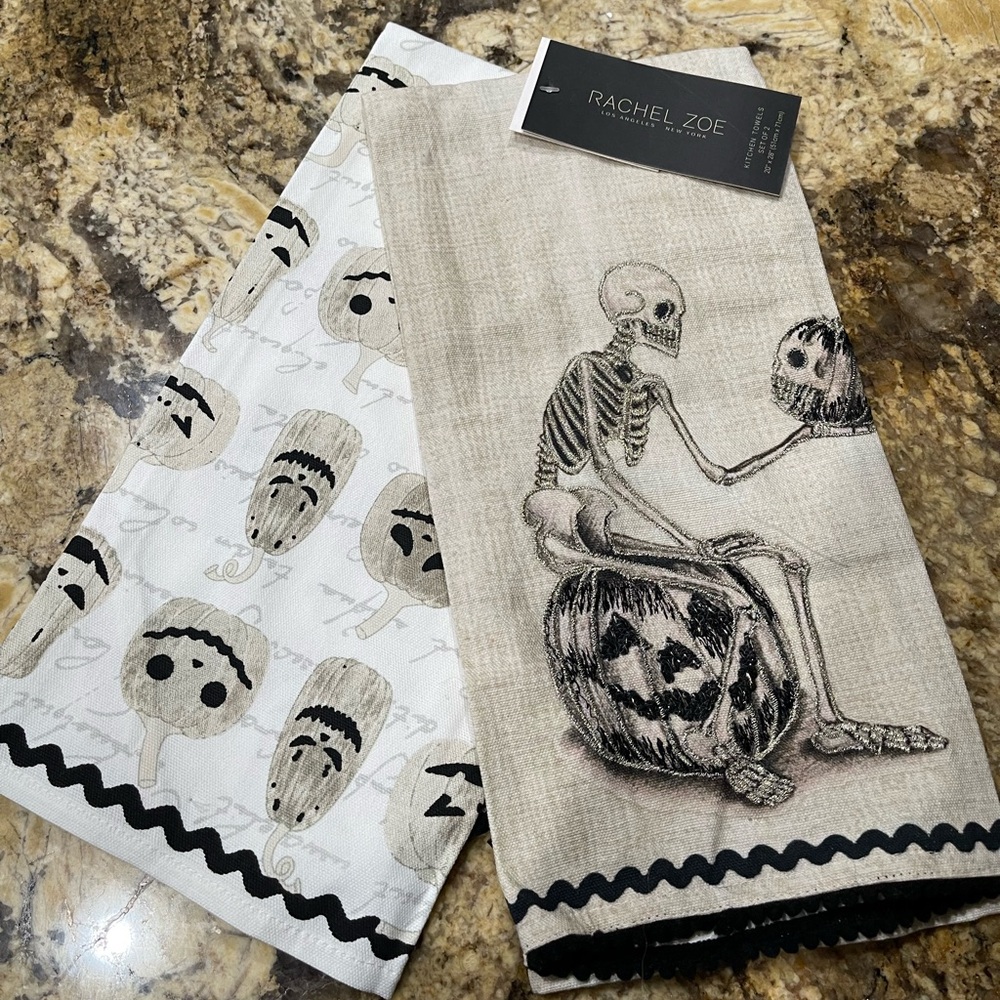 Rachel Zoe Halloween Skeleton & Jack o’Lantern kitchen towel set - Brand NEW!